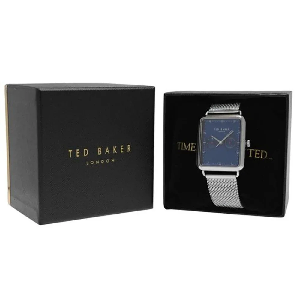 💕TED BAKER LONDON💕 Issaac Rectangular Mesh Watch Silver Blue Face Plate NWT
